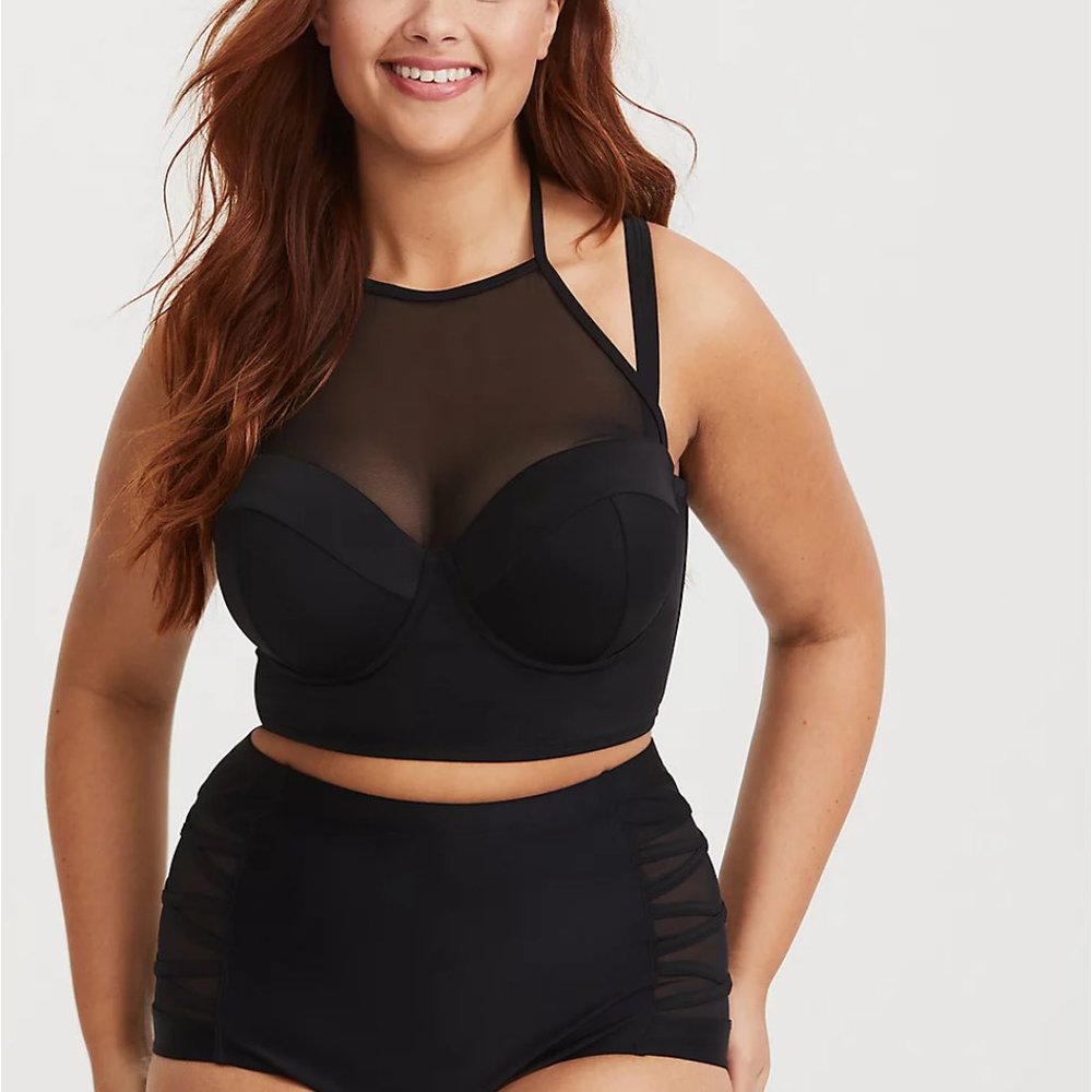 BLACK HALTER MESH PUSH-UP STRAPLESS BIKINI TOP